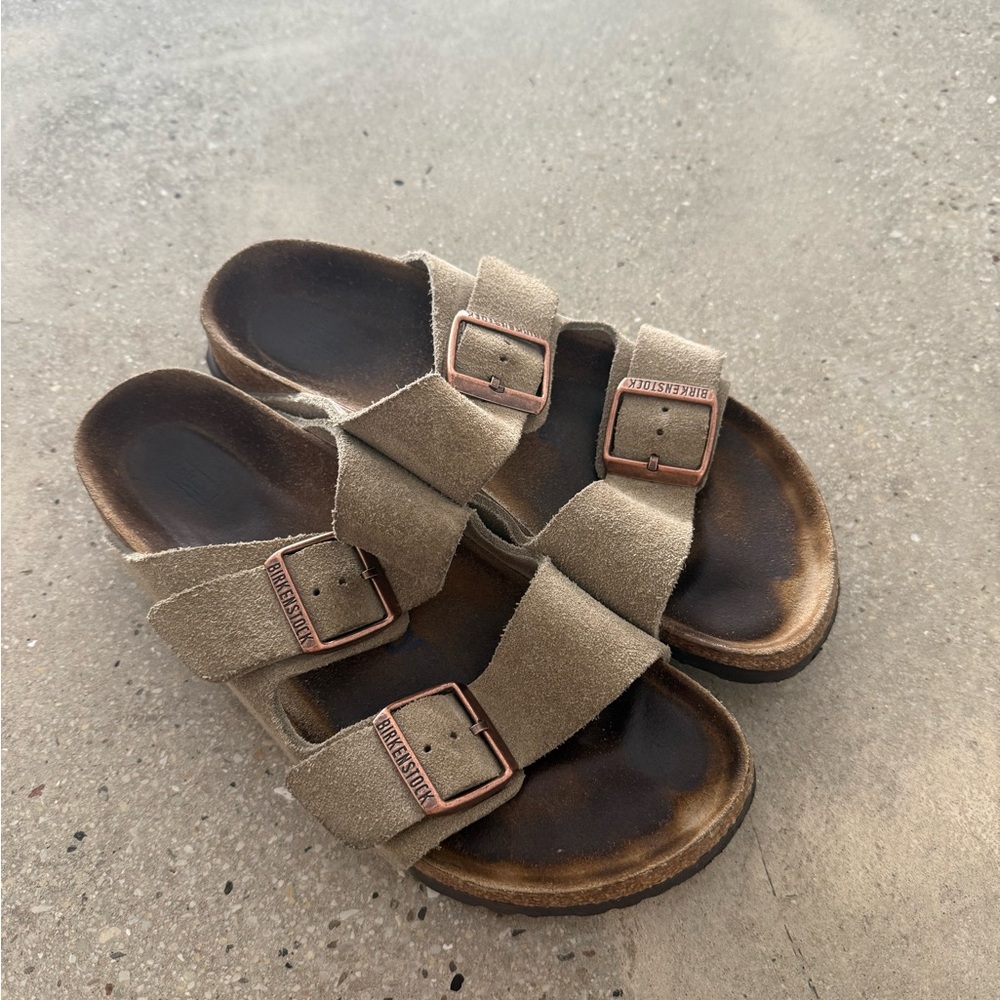 Birkenstock Arizona Two-Strap Suede Sandals in Taupe with Copper Buckles